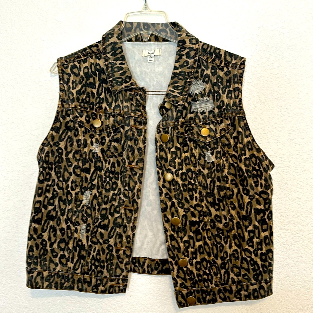 Easel vest in a leopard print. Distressing and copper buttons. Size large.